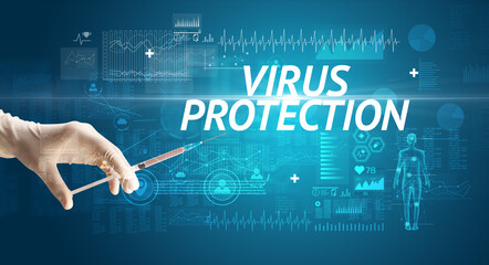 Syringe needle with virus vaccine and VIRUS PROTECTION inscription, antidote concept
