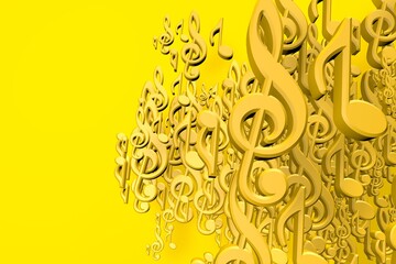 3D yellow music symbols isolated on yellow background. Music notes, treble clef, signs with copy space. 3d render illustration