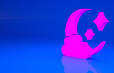 Pink Cloud with moon icon isolated on blue background. Cloudy night sign. Sleep dreams symbol. Night or bed time sign. Minimalism concept. 3d illustration. 3D render..