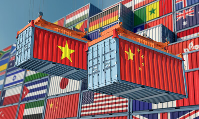 Freight containers with Vietnam and China flag. 3D Rendering 