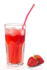 Refreshing strawberry lemonade isolated on white background. Flying fruit drink.