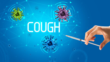 Syringe, medical injection in hand with COUGH inscription, coronavirus vaccine concept