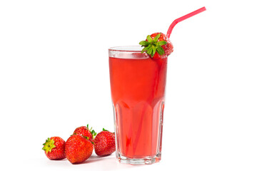 Refreshing strawberry lemonade and ripe strawberries isolated on white. Fruit lemonade.