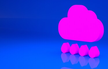 Pink Cloud with rain icon isolated on blue background. Rain cloud precipitation with rain drops. Minimalism concept. 3d illustration. 3D render..