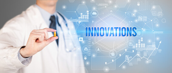 Doctor giving a pill with INNOVATIONS inscription, new technology solution concept