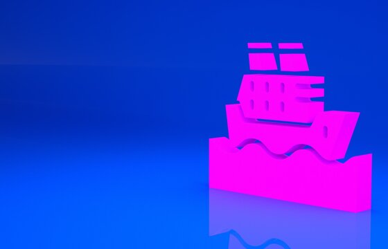 Pink Cruise ship in ocean icon isolated on blue background. Cruising the world. Minimalism concept. 3d illustration. 3D render..