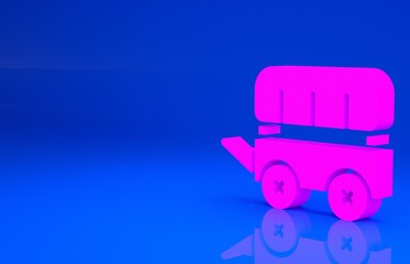 Pink Wild west covered wagon icon isolated on blue background. Minimalism concept. 3d illustration. 3D render..
