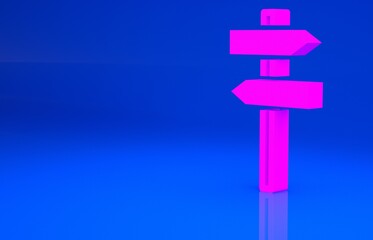 Pink Road traffic sign. Signpost icon isolated on blue background. Pointer symbol. Street information sign. Direction sign. Minimalism concept. 3d illustration. 3D render..