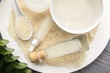 Fototapeta na wymiar Healthy rice water on table, closeup