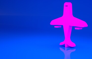 Obraz premium Pink Plane icon isolated on blue background. Flying airplane icon. Airliner sign. Minimalism concept. 3d illustration. 3D render..