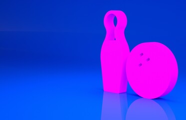 Pink Bowling pin and ball icon isolated on blue background. Sport equipment. Minimalism concept. 3d illustration. 3D render..