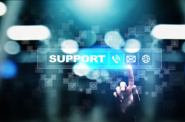 Fototapeta na wymiar Support button on virtual screen. Customer service and communication concept.