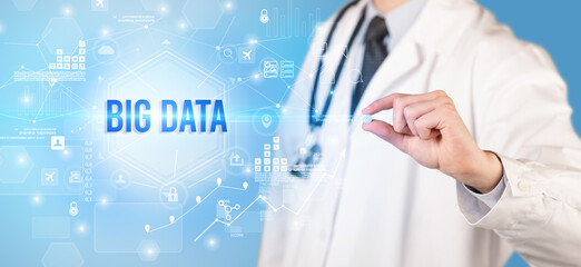 Doctor giving a pill with BIG DATA inscription, new technology solution concept