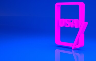Pink USA United states of america on graphic tablet icon isolated on blue background. Minimalism concept. 3d illustration. 3D render..