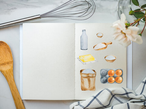 Cooking for homemade cakes. Close-up, view from above, wooden surface. Delicious and healthy food concept