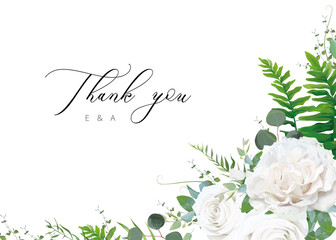 Wedding invitation, invite, save the date greeting, thank you card, postcard floral design. Elegant White Rose flowers, sage green herbs, Eucalyptus branches & wild greenery. Minimal botanical tempate