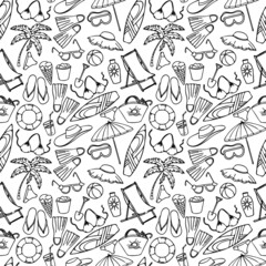 vector, seamless pattern in monochrome colors, vacation at sea, doodle elements, ornament for wallpaper and fabric, scrapbooking paper