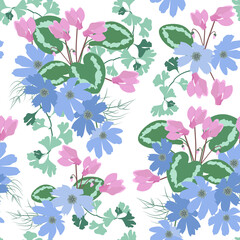 Seamless vector illustration with cyclamen and chamomile on a white background.