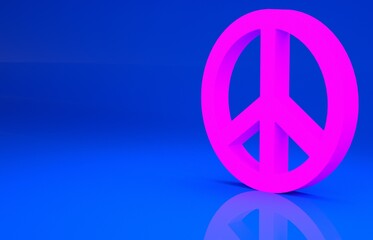 Pink Peace icon isolated on blue background. Hippie symbol of peace. Minimalism concept. 3d illustration. 3D render..