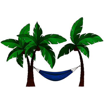 vector illustration in cartoon style, in bright colors, palm trees and hammock, vacation at sea, isolate on a white background