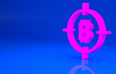 Pink Bitcoin in the target icon isolated on blue background. Investment target icon. Minimalism concept. 3d illustration. 3D render..