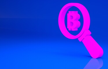 Pink Magnifying glass with Bitcoin icon isolated on blue background. Physical bit coin. Blockchain based secure crypto currency. Minimalism concept. 3d illustration. 3D render..