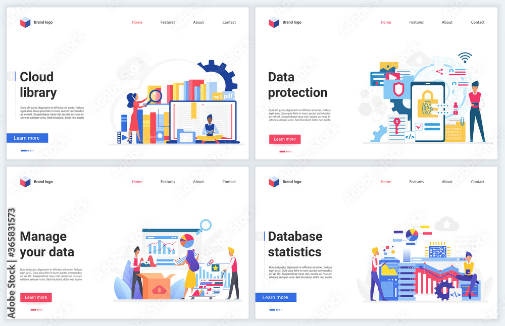 Poster Cloud data management in online library vector illustrations. Cartoon flat concept interface mobile website for database statistics, managing of digital document folder or files, storage service