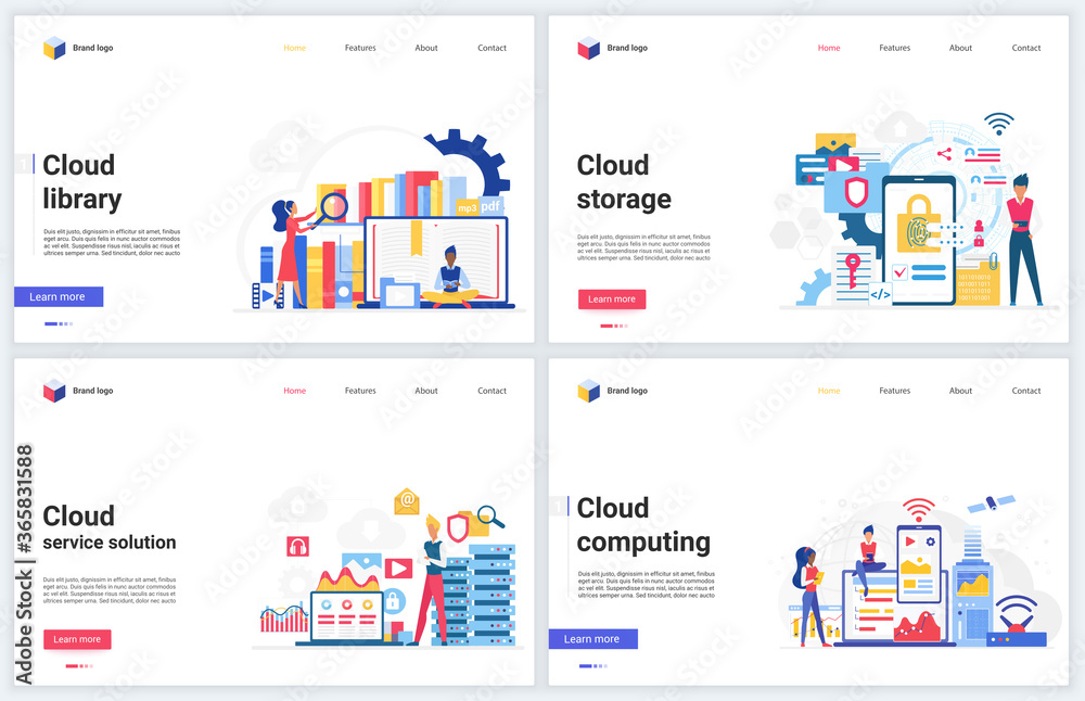 Aufkleber Cloud computing service, data online library vector illustrations. Cartoon flat concept design, interface mobile website for database backup storage, online media file upload or download functions