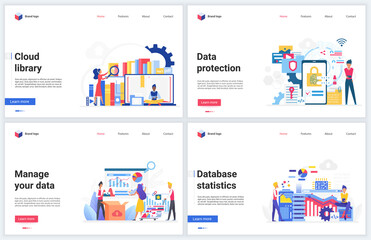 Cloud data management in online library vector illustrations. Cartoon flat concept interface mobile website for database statistics, managing of digital document folder or files, storage service