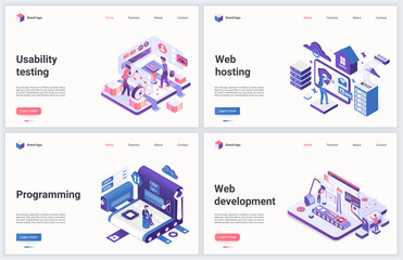 Web development and programming vector illustration. Modern concept interface design set for mobile website with cartoon 3d tiny programmer developer people working and testing computer program