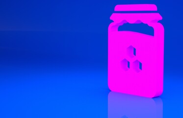 Pink Jar of honey icon isolated on blue background. Food bank. Sweet natural food symbol. Minimalism concept. 3d illustration. 3D render..