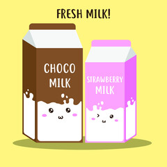 Cute happy fresh milk in box package vector design