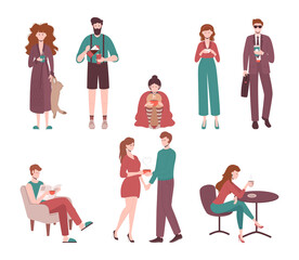 Fototapeta na wymiar Cartoon Color Characters People Drinking Coffee Concept. Vector