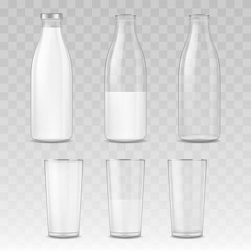 Realistic Detailed 3d Milk Bottle and Glass Set. Vector