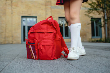 Back to school concept. The legs of the primary schoolgirl in socks and sneakers and the school backpack close-up against the school building.