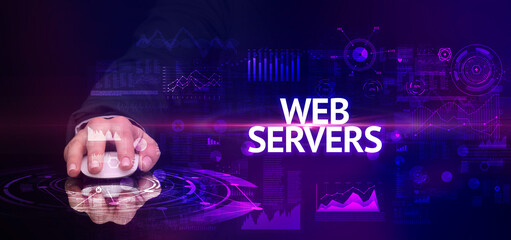 hand holding wireless peripheral with WEB SERVERS inscription, modern technology concept