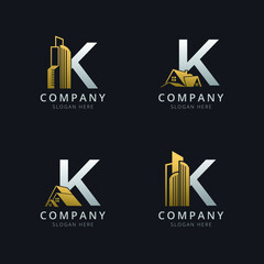 Initial K logo with real estate elements in gold and silver color