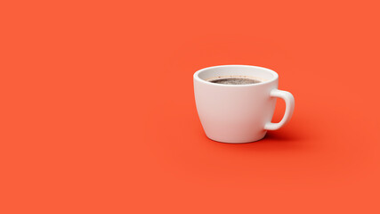 White cup of coffee isolated on red background, postcard or banner for website, 3d rendering