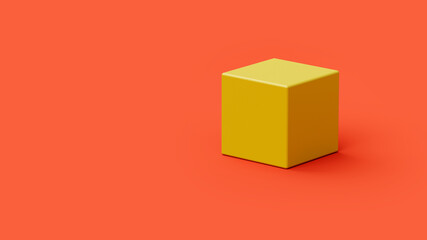 yellow cube on a red background in the studio, web banner or template, 3d rendering