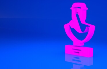 Pink Ancient bust sculpture icon isolated on blue background. Minimalism concept. 3d illustration. 3D render..