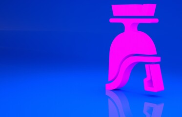 Pink Roman army helmet icon isolated on blue background. Minimalism concept. 3d illustration. 3D render..