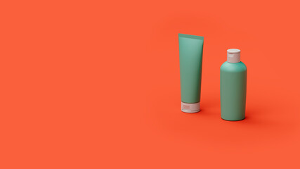 set of cream in a tube and bottles of shampoo on a red background in the studio, web banner or template, 3d rendering