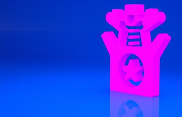 Pink Jack in the box toy icon isolated on blue background. Jester out of the box. Minimalism concept. 3d illustration. 3D render..