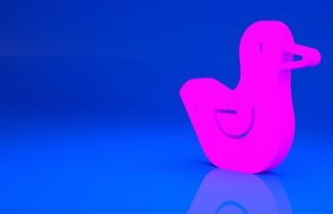 Pink Rubber duck icon isolated on blue background. Minimalism concept. 3d illustration. 3D render..