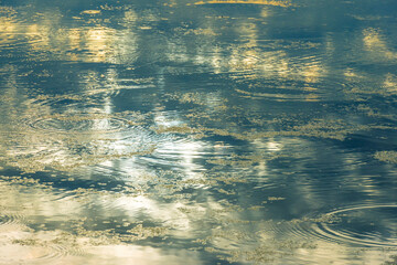 Water of a lake reflecting a colorful cloudy sky at sunrise and producing mysterious circles on its surface, Almere, Flevoland, The Netherlands, July 19, 2020