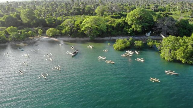 Aerial shot of Dhow boats on Pemba island, zanzibar archipelago. East Coast of Pemba island near Mtangani