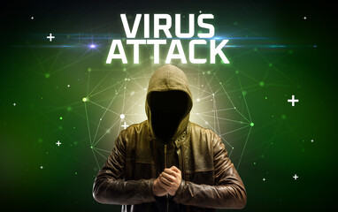 Mysterious hacker with VIRUS ATTACK inscription, online attack concept inscription, online security concept