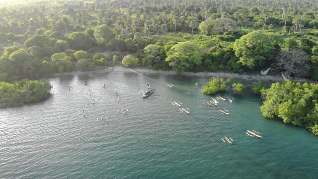 Aerial shot of Dhow boats on Pemba island, zanzibar archipelago. East Coast of Pemba island near Mtangani