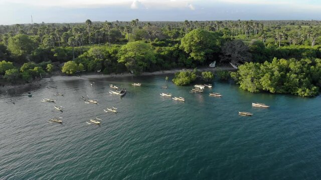 Aerial shot of Dhow boats on Pemba island, zanzibar archipelago. East Coast of Pemba island near Mtangani