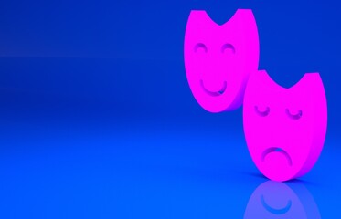 Pink Comedy and tragedy theatrical masks icon isolated on blue background. Minimalism concept. 3d illustration. 3D render..